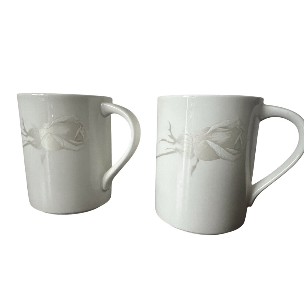 MIKASA Bone‎ China Coffee Tea Cups White Gray Rose w/Stem & Leaves (Set of 2)